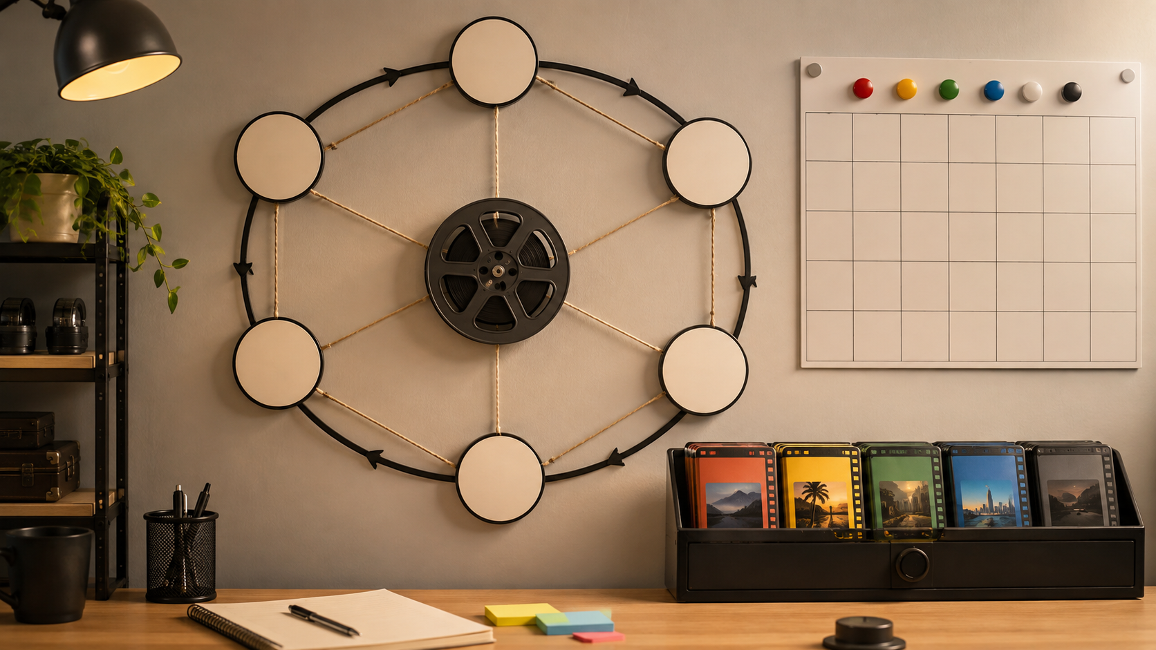 Weekly AI social media repurposing loop on a production calendar wall