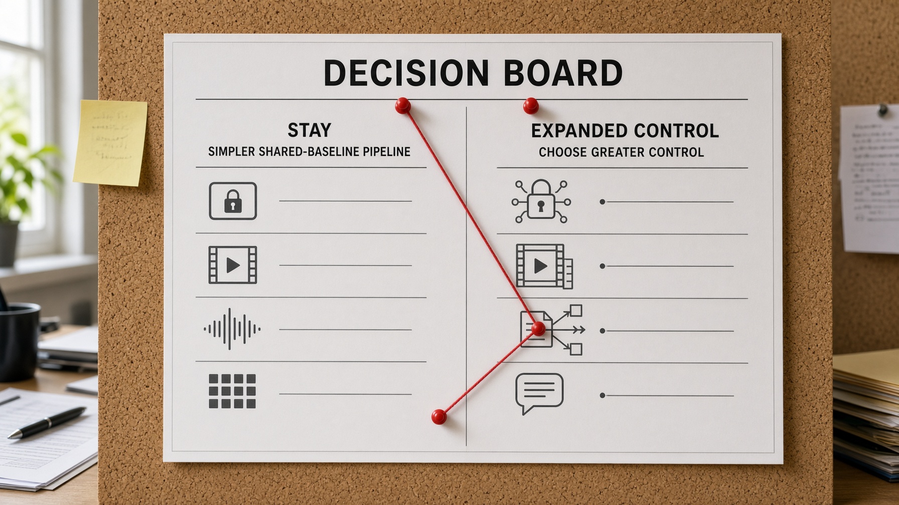 Stay-versus-upgrade decision board for choosing Wan 2.6 or Wan 2.7 based on production control needs