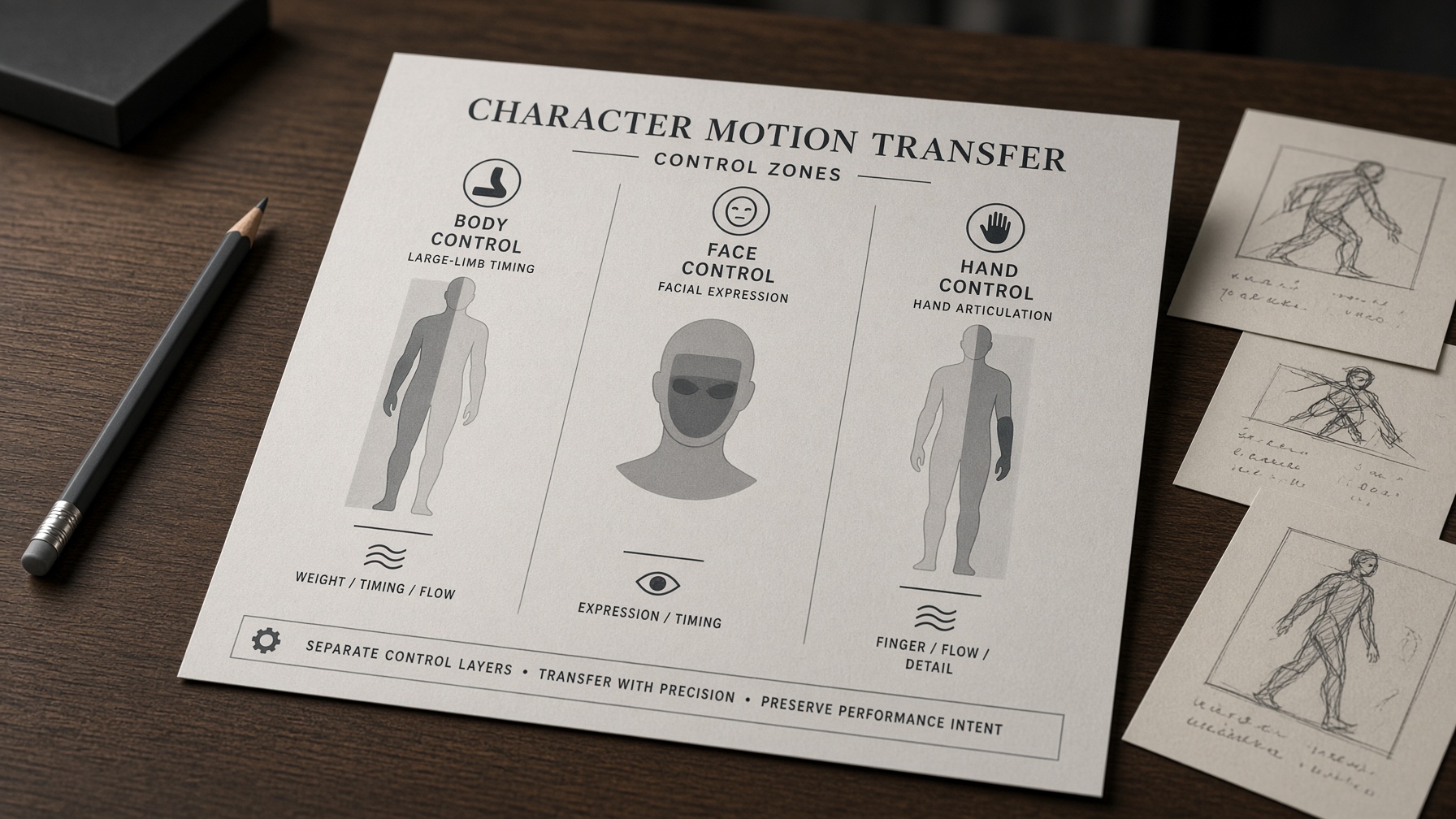 Printed production board mapping body, face, and hand control zones for motion transfer AI