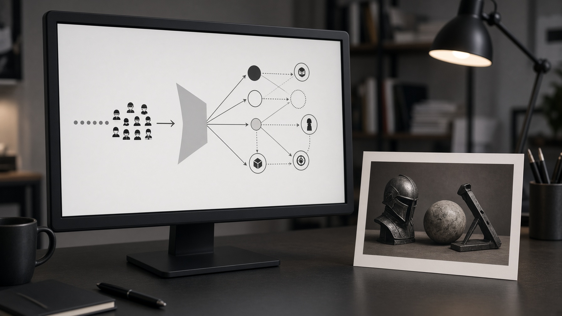 Conceptual editorial photo of a modern subject-reference workflow replacing an older character-reference path on a studio monitor