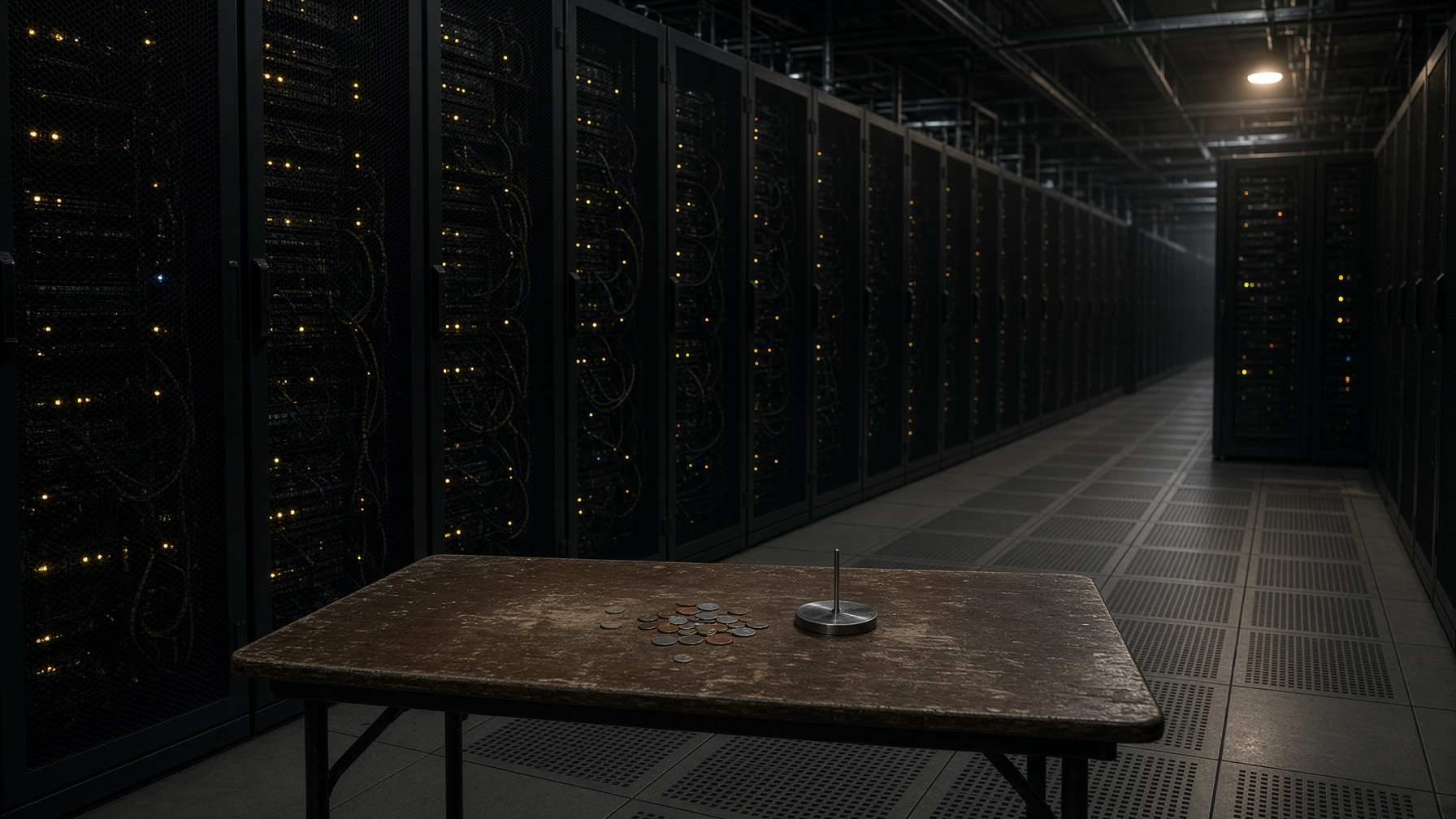Rows of GPU server racks towering over a nearly empty cash tray, a conceptual view of the cost pressure behind the OpenAI Sora shutdown.