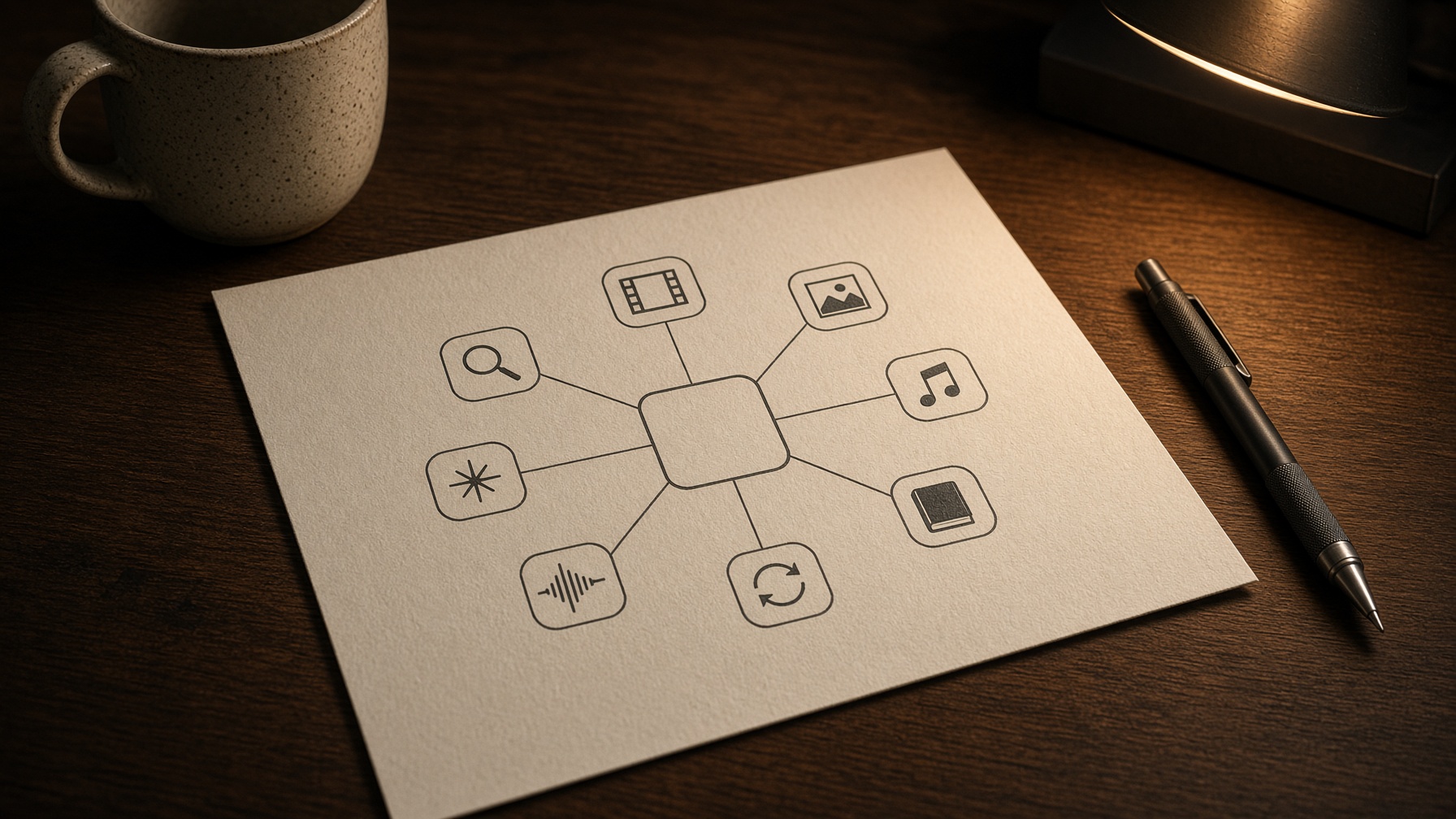 Printed hub-and-spoke diagram of video, image, music, and other assets feeding one AI creative platform.