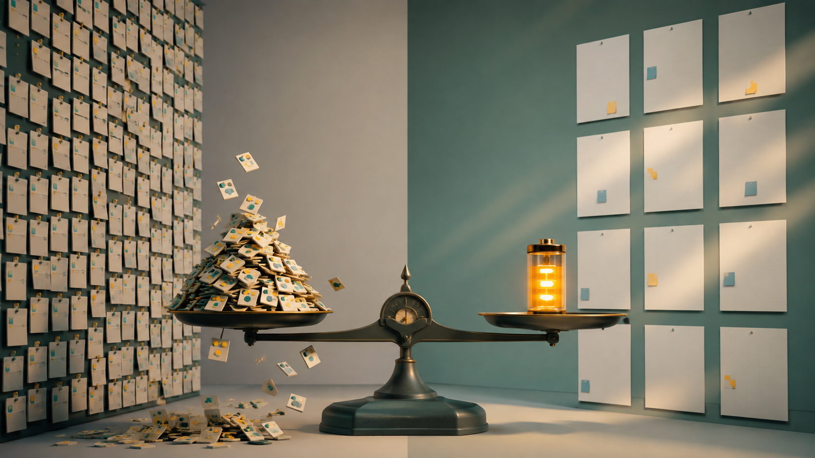 Balance scale contrasts volume packing with capacity-based AI content calendar planning.