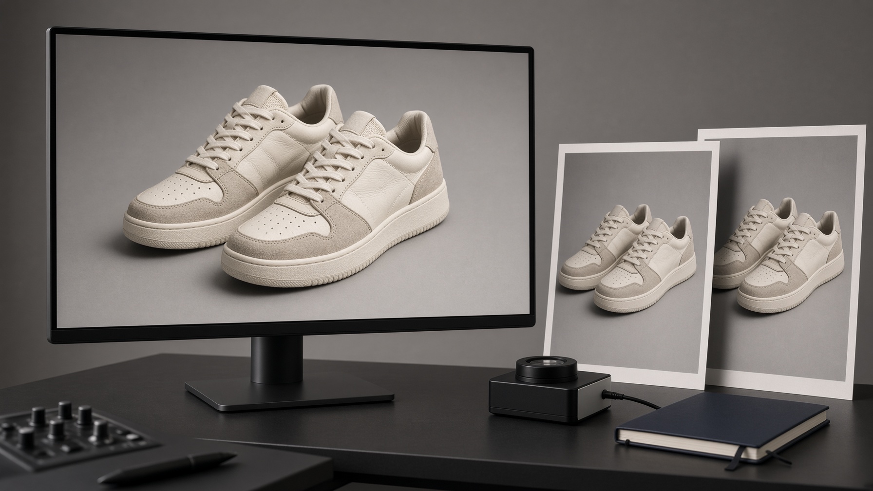 Color-grading desk with a large monitor and printed posters for high-resolution commercial product visuals.