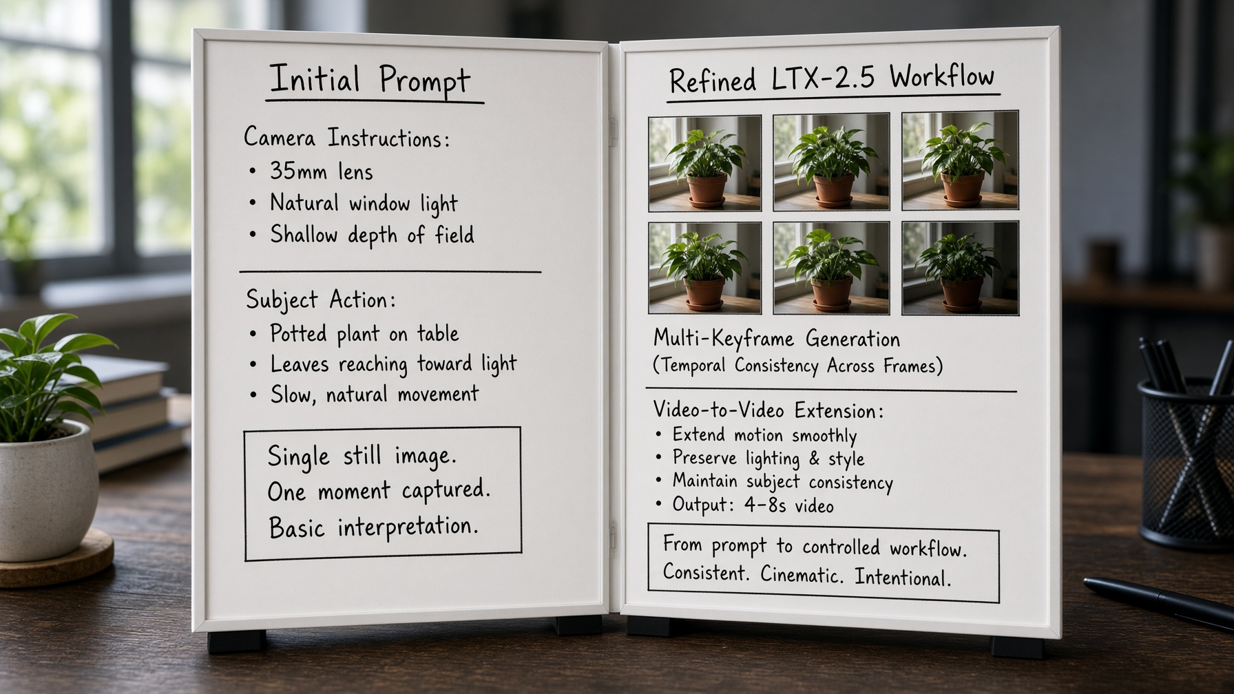 Before and after storyboard for shot design with LTX-2.5 showing camera move planning