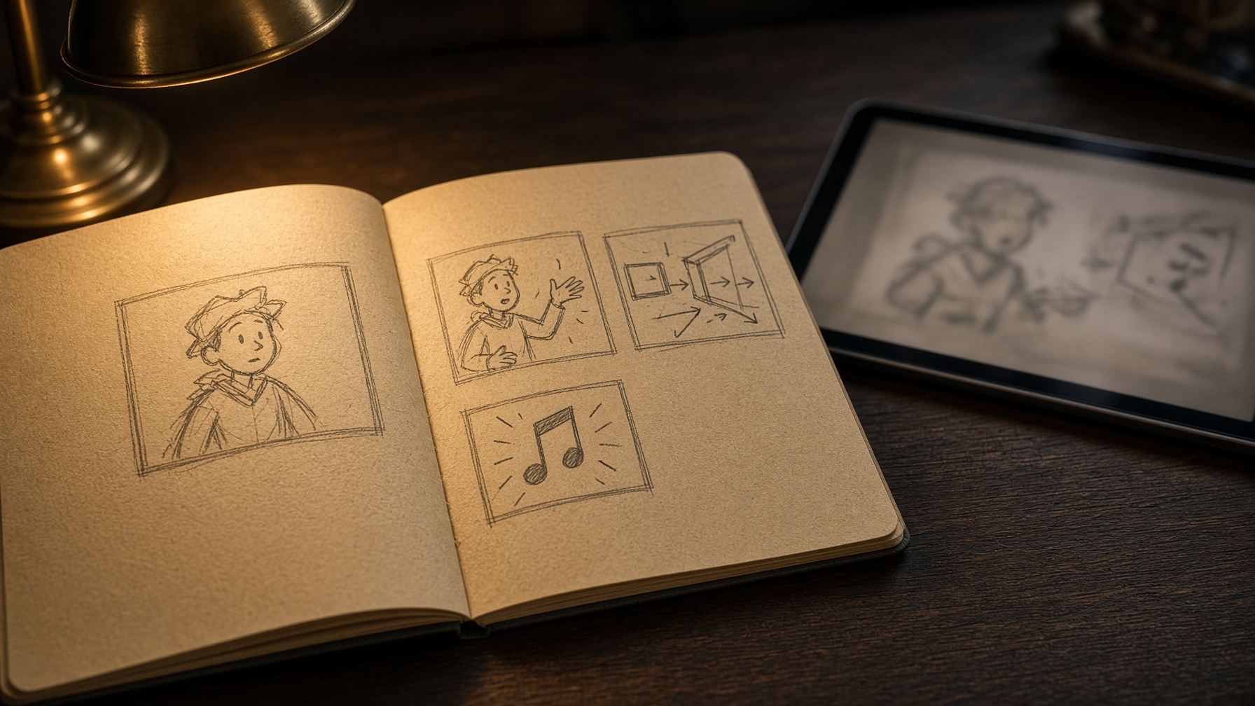 Open notebook storyboard and tablet preview used to plan a synchronized story video.