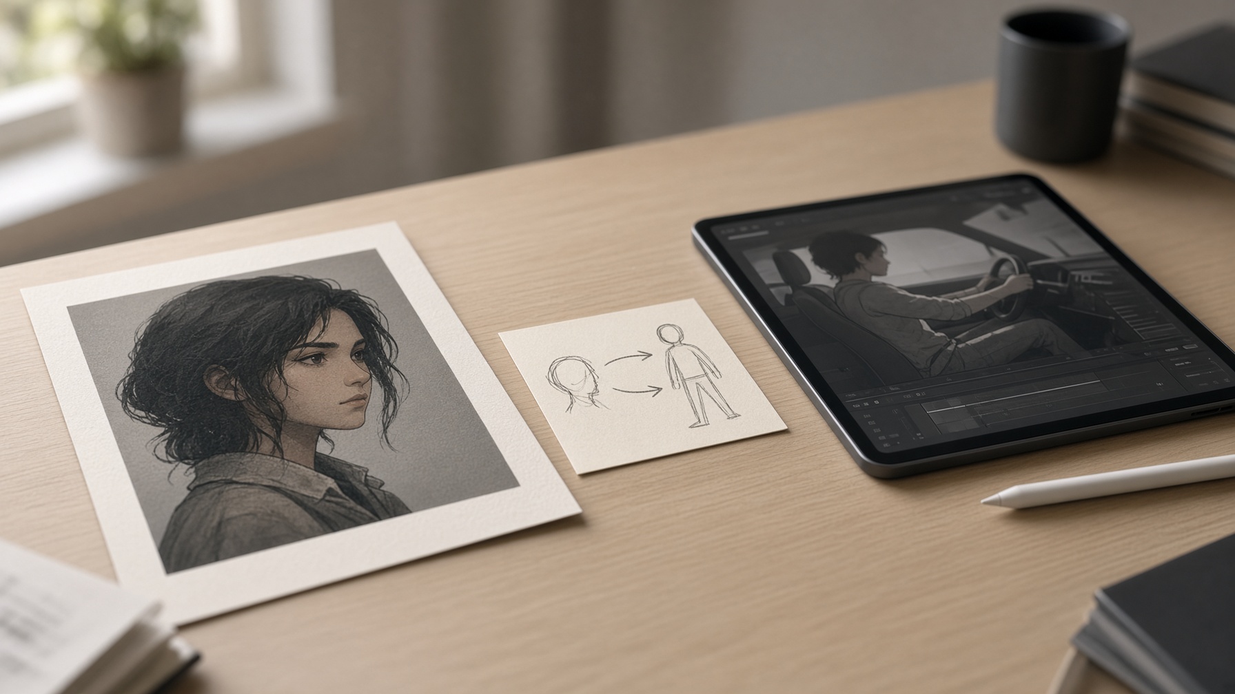 Editorial desk setup showing a printed character still beside a reference performance clip used for motion transfer AI planning