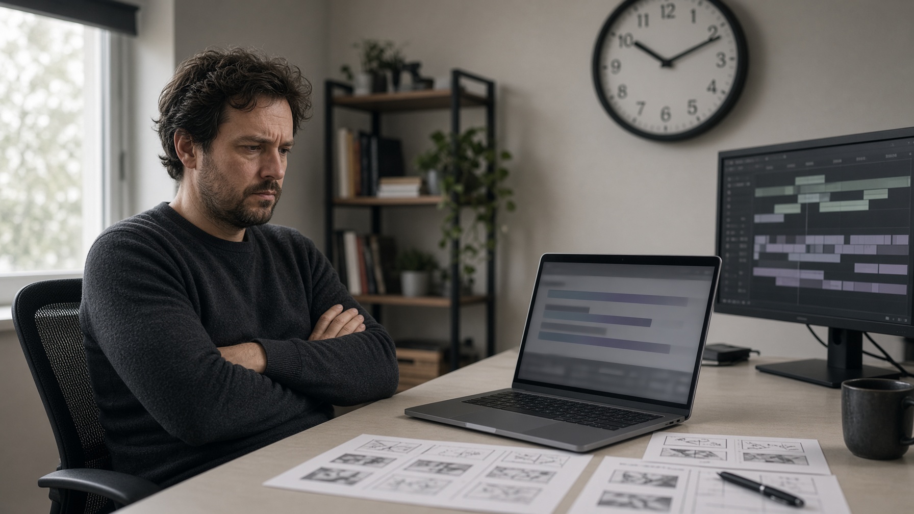 Creator paused at a laptop during a stalled generation queue, conveying Runway Explore Mode limits around concurrency and waiting