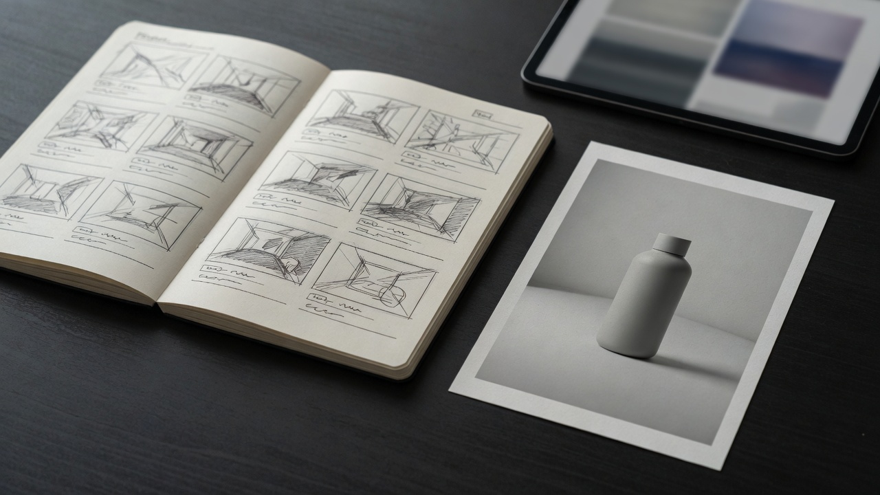 Storyboard notebook and first-frame still used to plan image-to-video identity lock in a Wan video workflow