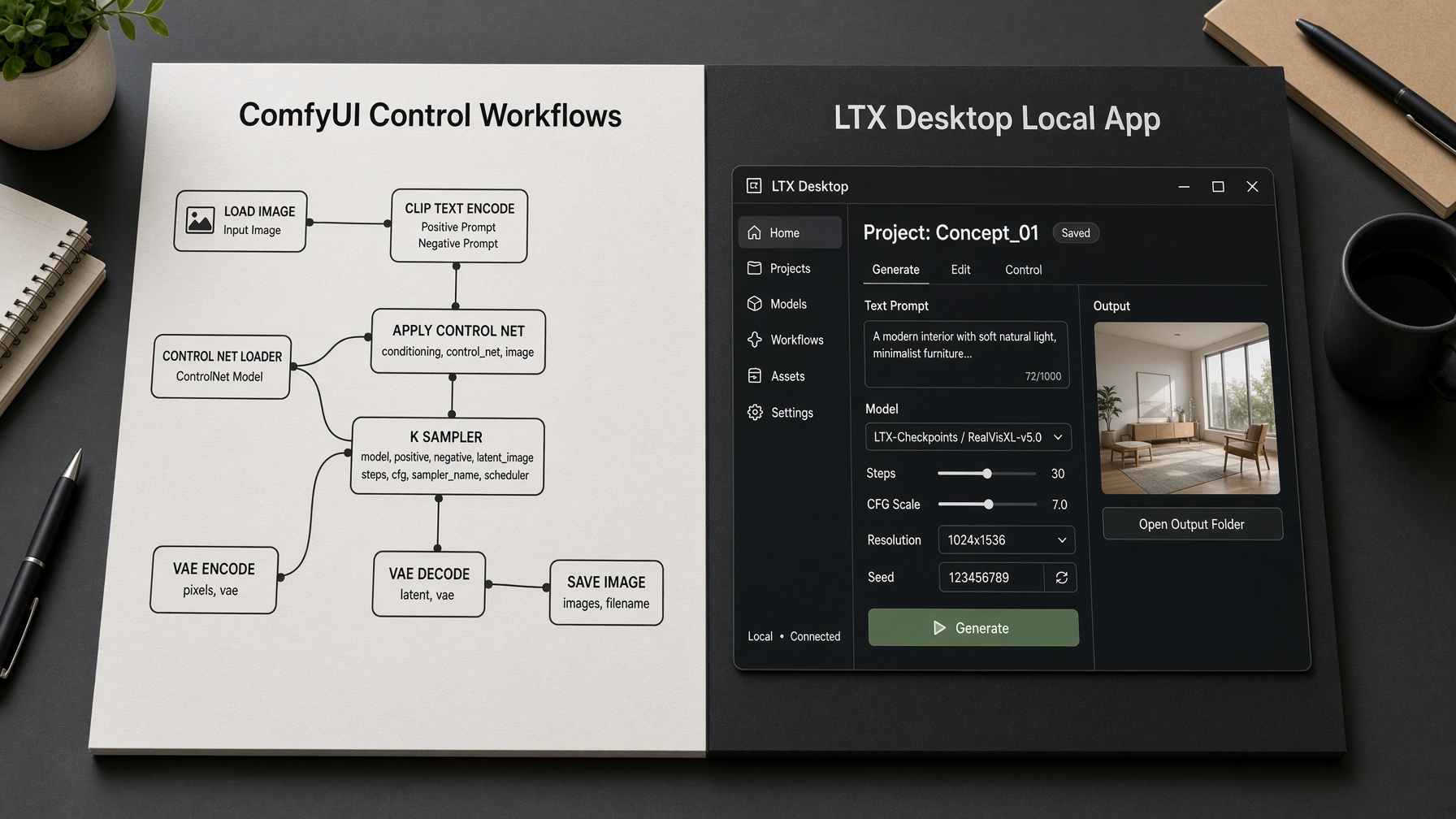 Comparison board showing ComfyUI control workflow versus LTX Desktop local app path