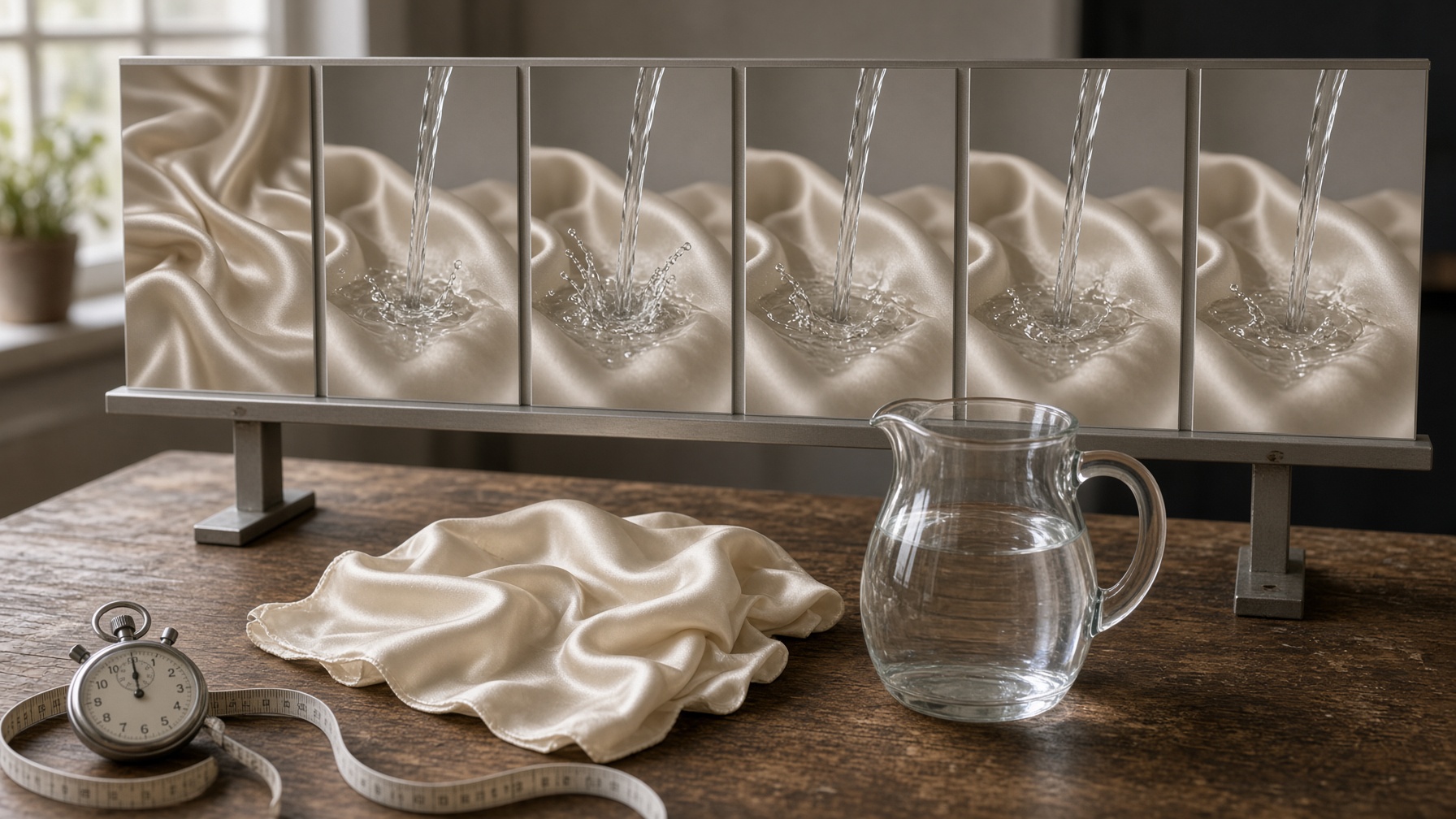 Reference fabric, water, and matching storyboard frames showing long-sequence motion consistency.