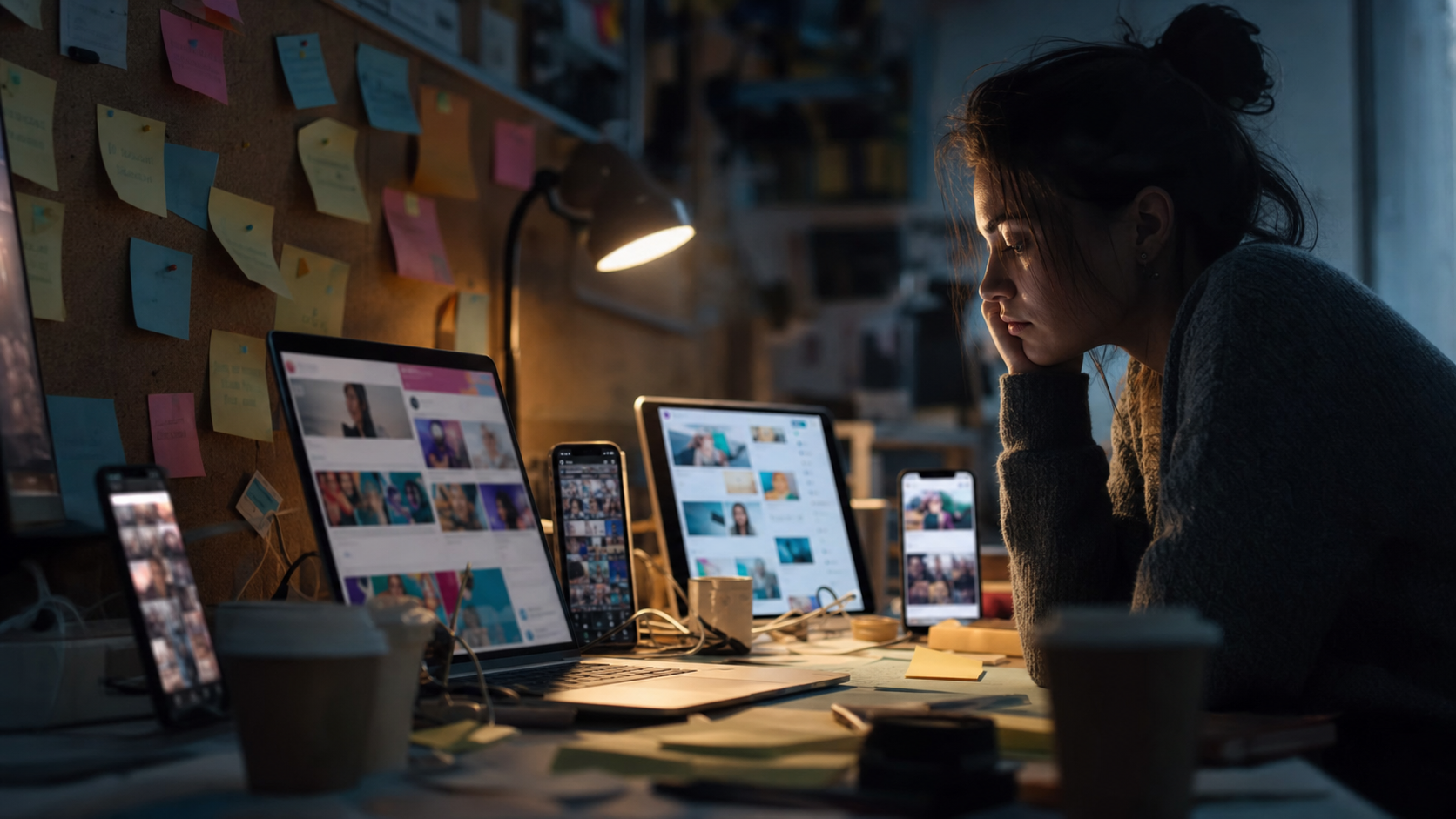 Overwhelmed social media manager facing stacked screens that signal social media burnout