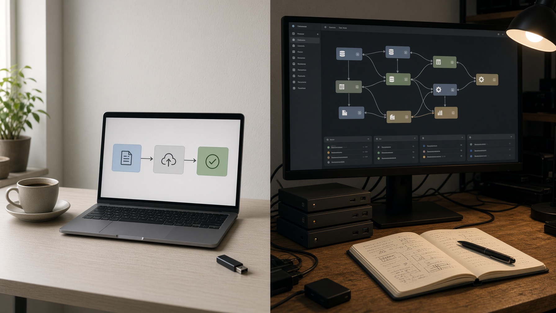 Side-by-side production setups contrasting a closed app motion-control path with an open local animate pipeline