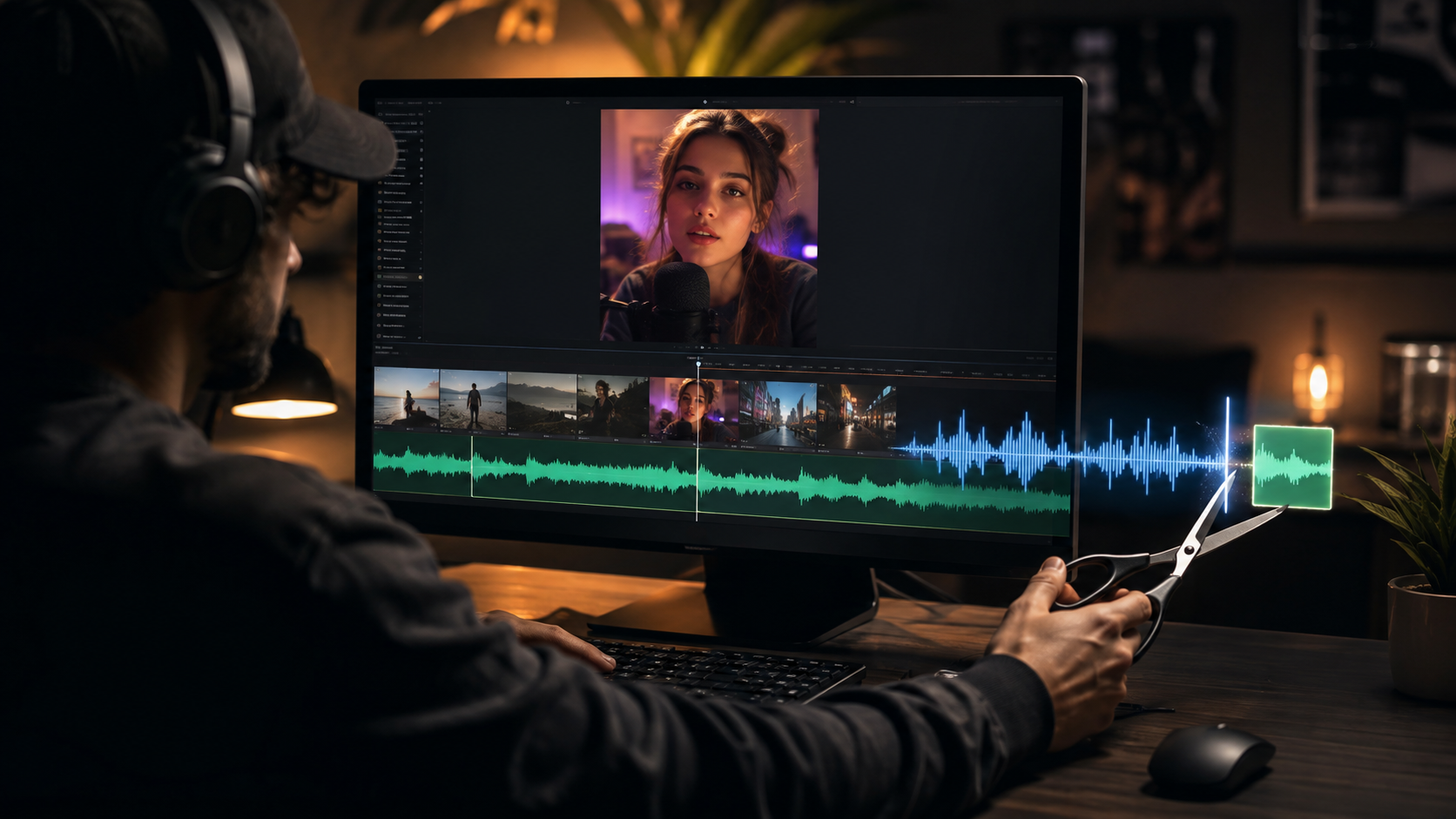 Editor syncing AI voice for social media narration hits to cuts and transitions.