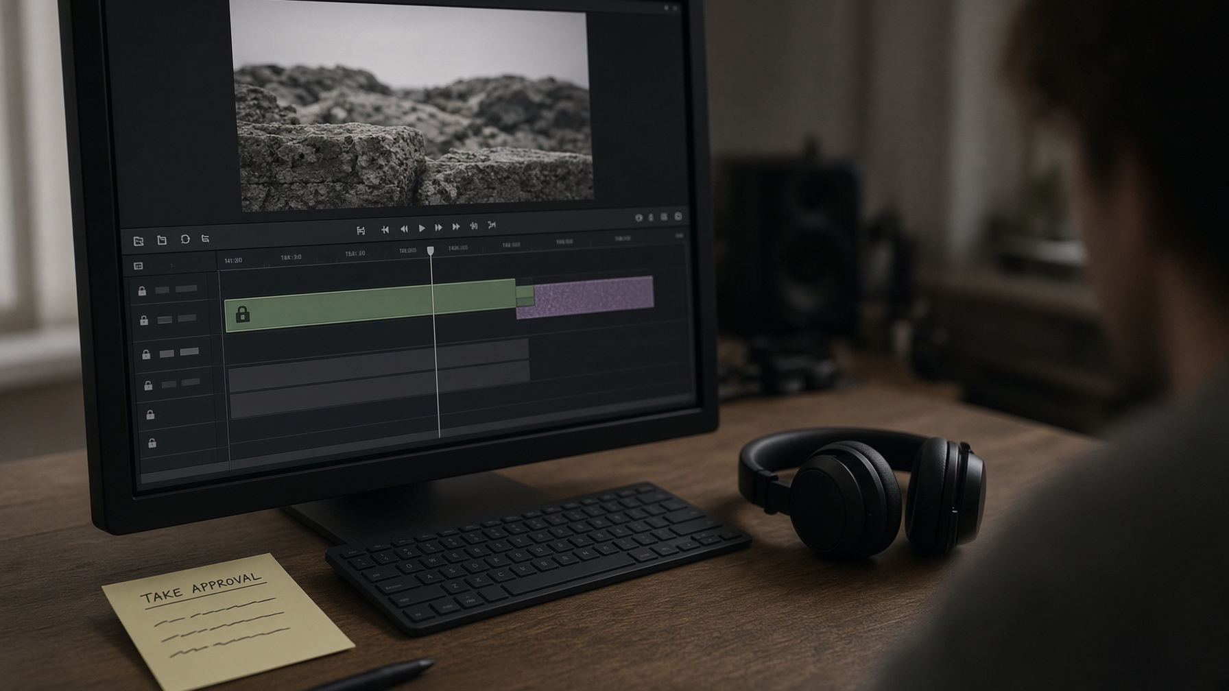 Editing suite scene illustrating video continuation from an approved clip without a full restart