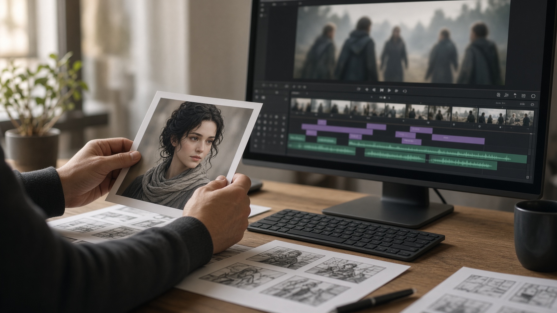 Editor reviewing anchor reference photo to control identity drift and production budget