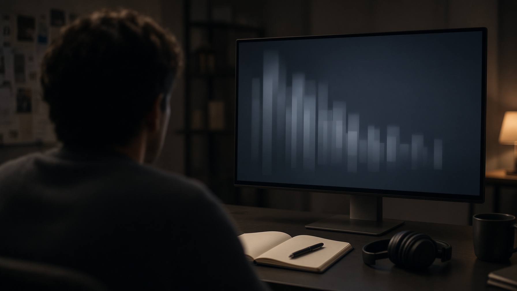 Creator in editing suite viewing abstract blurred balance display illustrating finite Runway Max 9500 credits