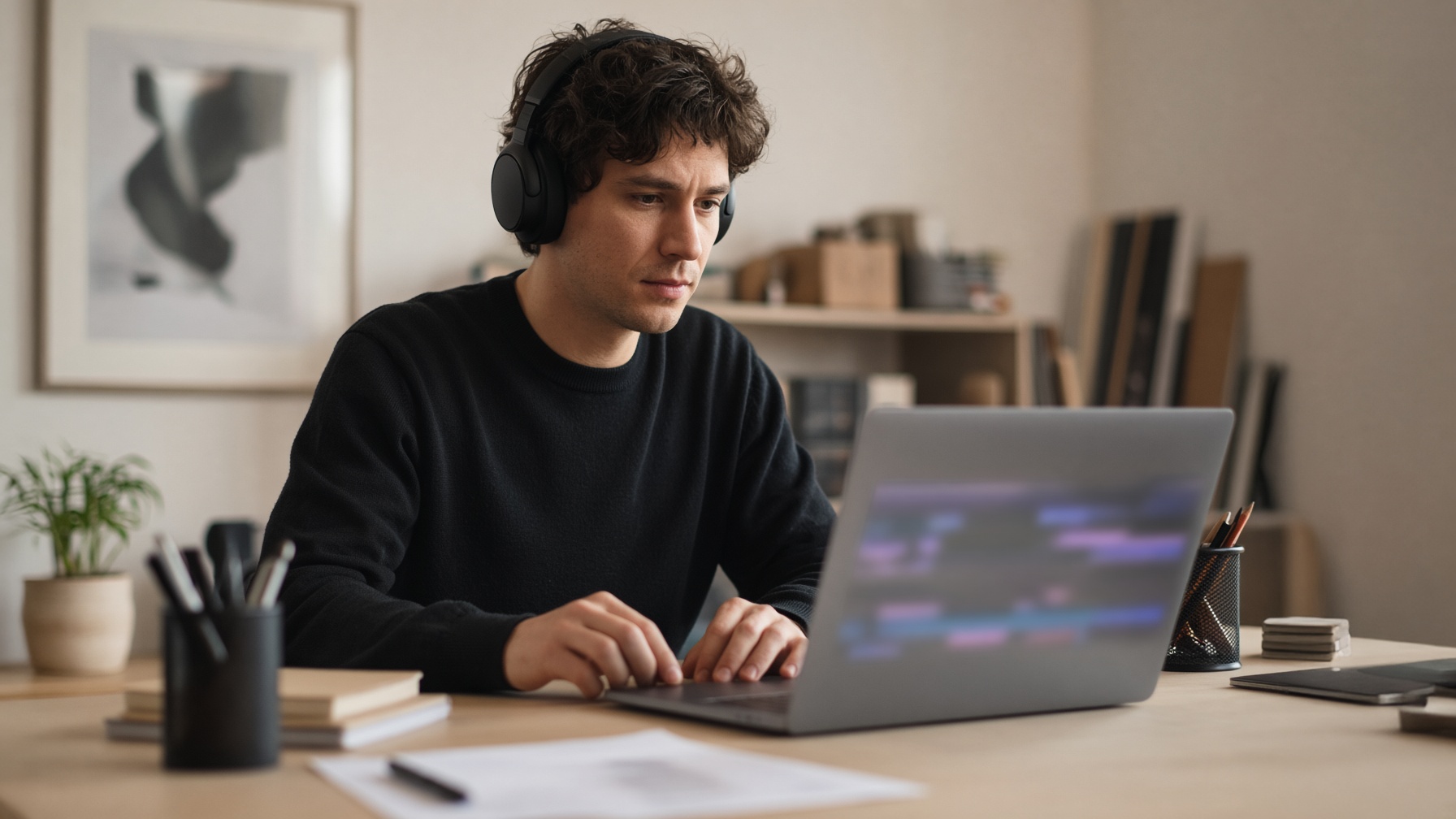 Creator in headphones focused on in-app listening during batch review session
