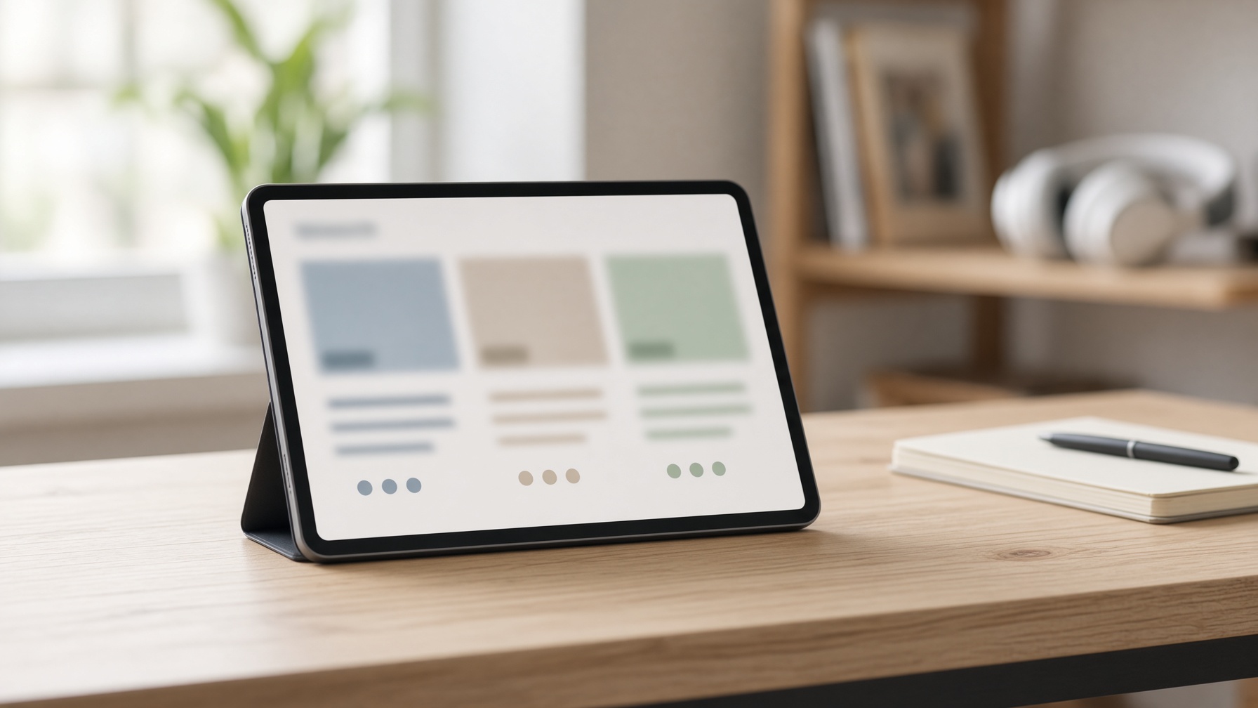 Tablet on desk displaying simplified three-column plan overview with abstract bars