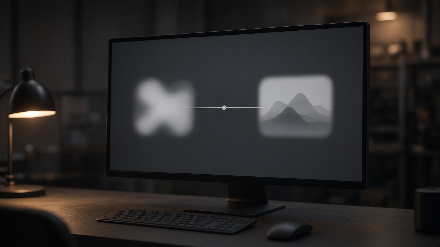Large monitor in editing suite showing abstract creation to export workflow