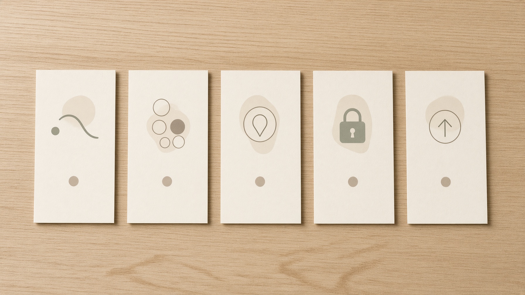 Five printed step cards laid in a line showing listen to export routine