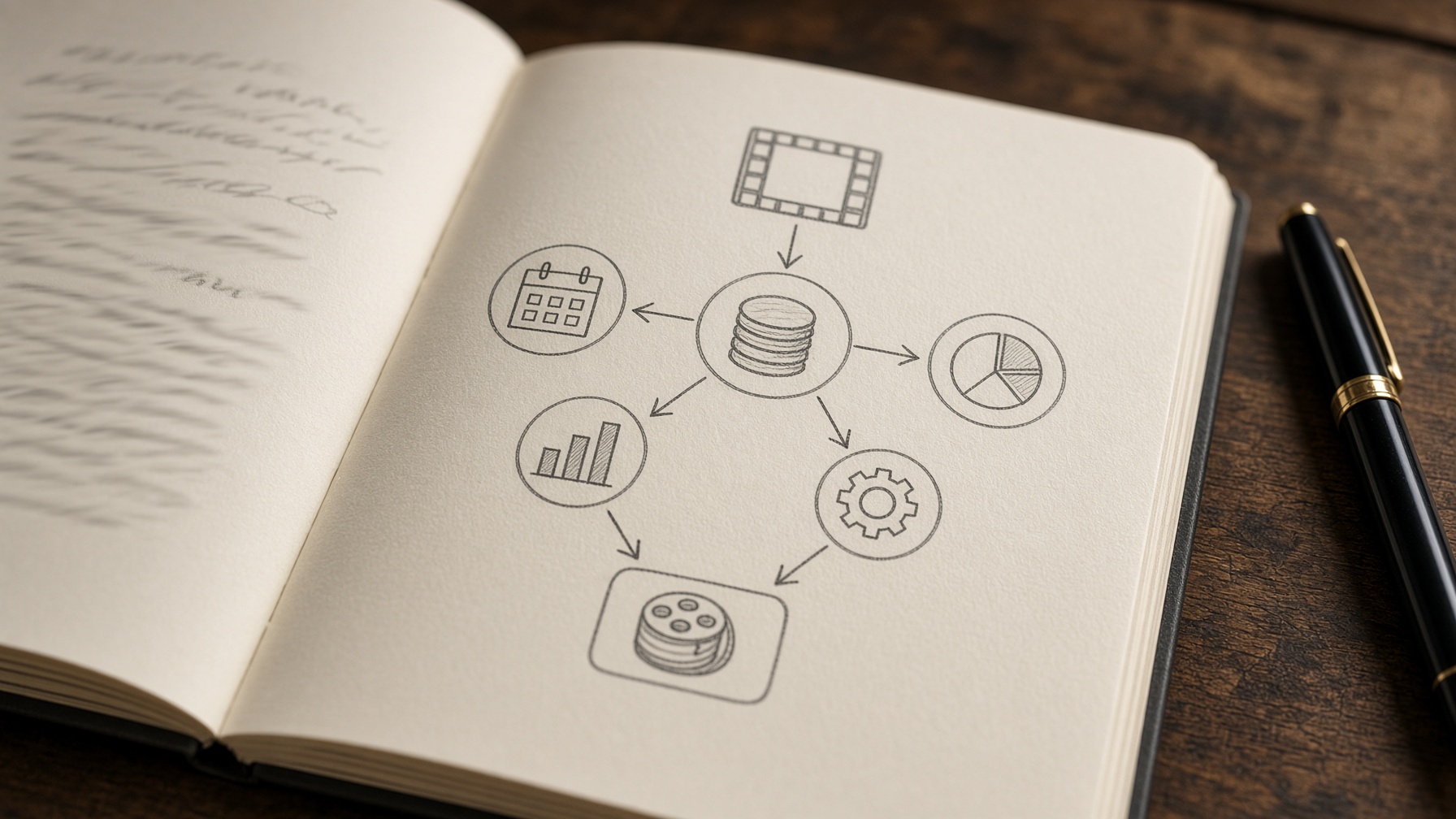 Production notebook with sketched budget variables for planning FLUX 3 Video credits
