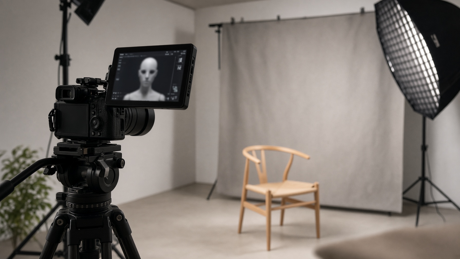 Locked camera on tripod aimed at a small studio set for a stable speaking test