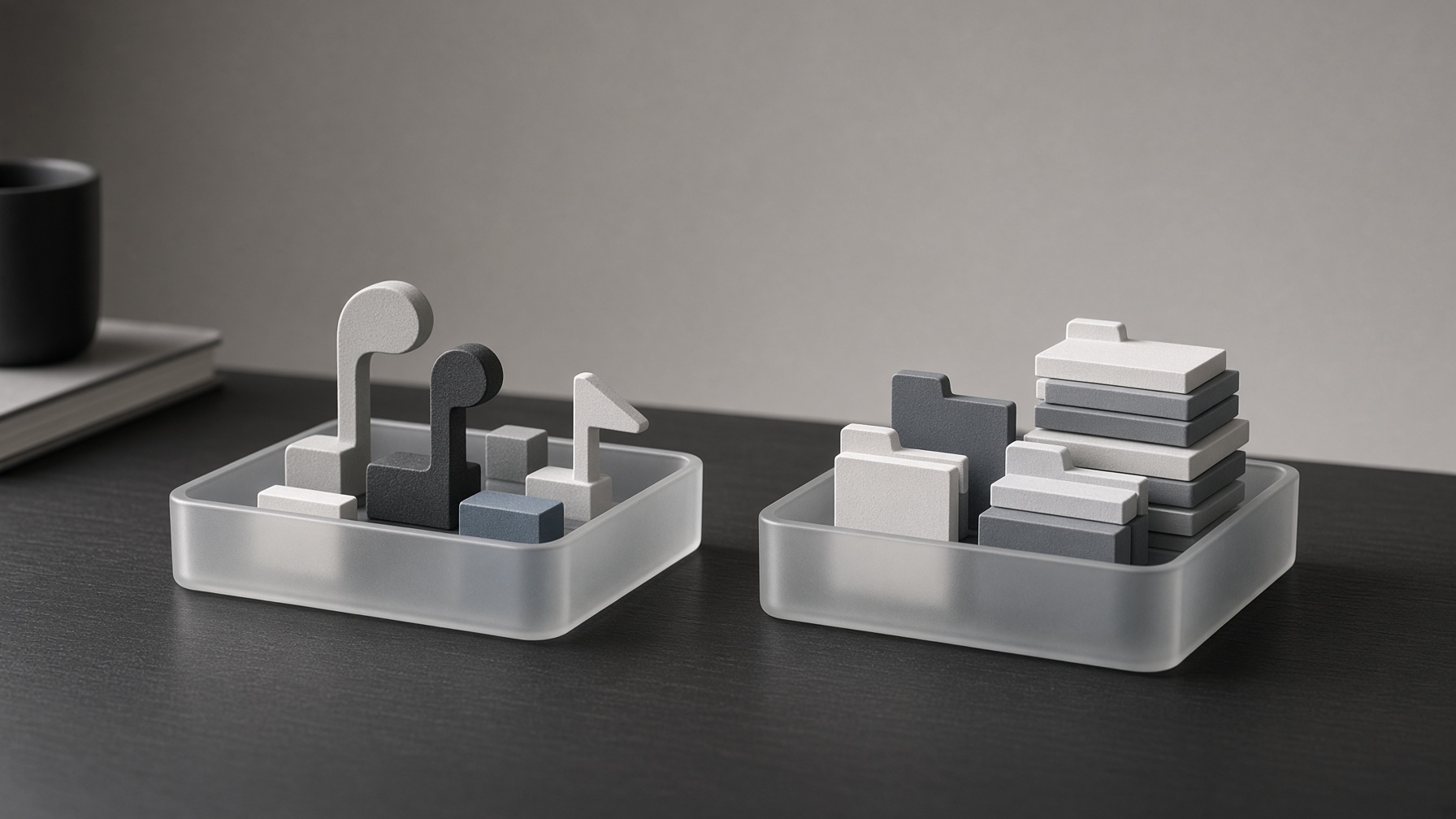 Two separate containers on office table visualizing generation credits versus download credits