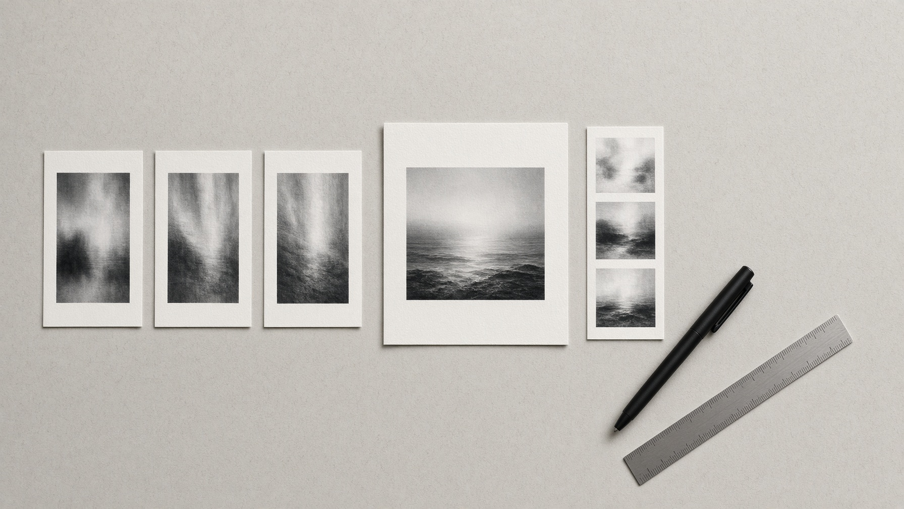 Desk layout showing draft-first discipline with test strips and anchor photo for low-cost production