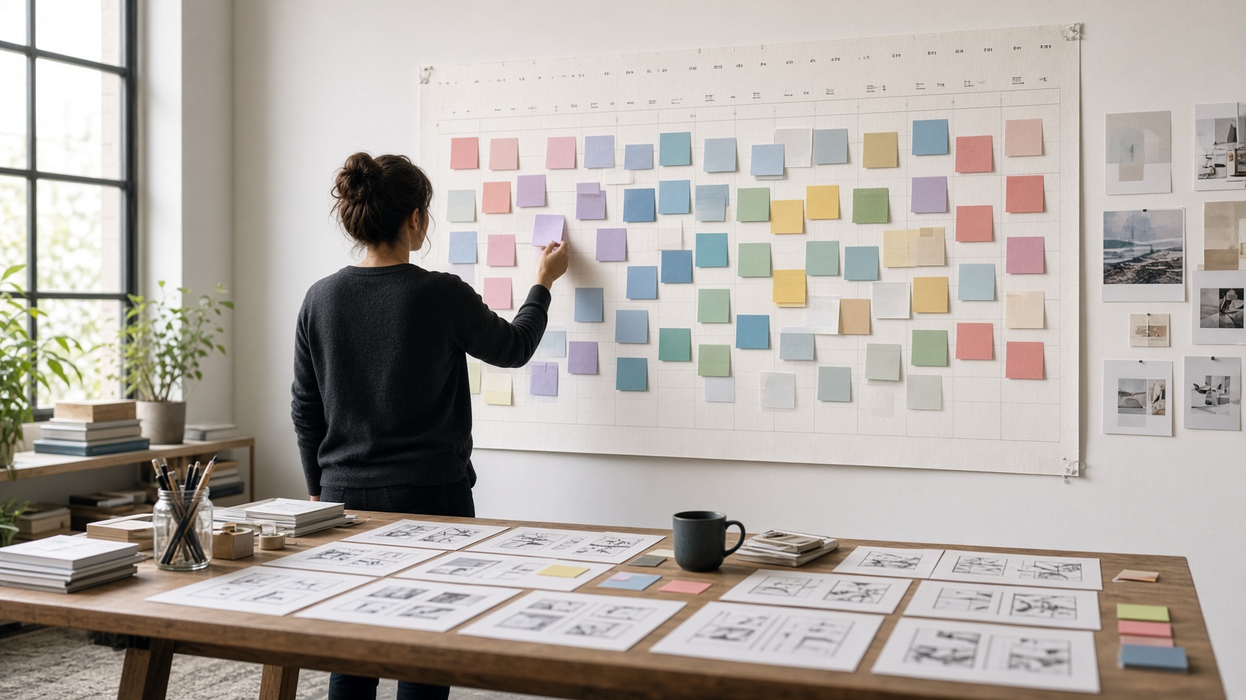 Studio planning wall with production calendar and task cards for planning options after Runway Unlimited plan changes
