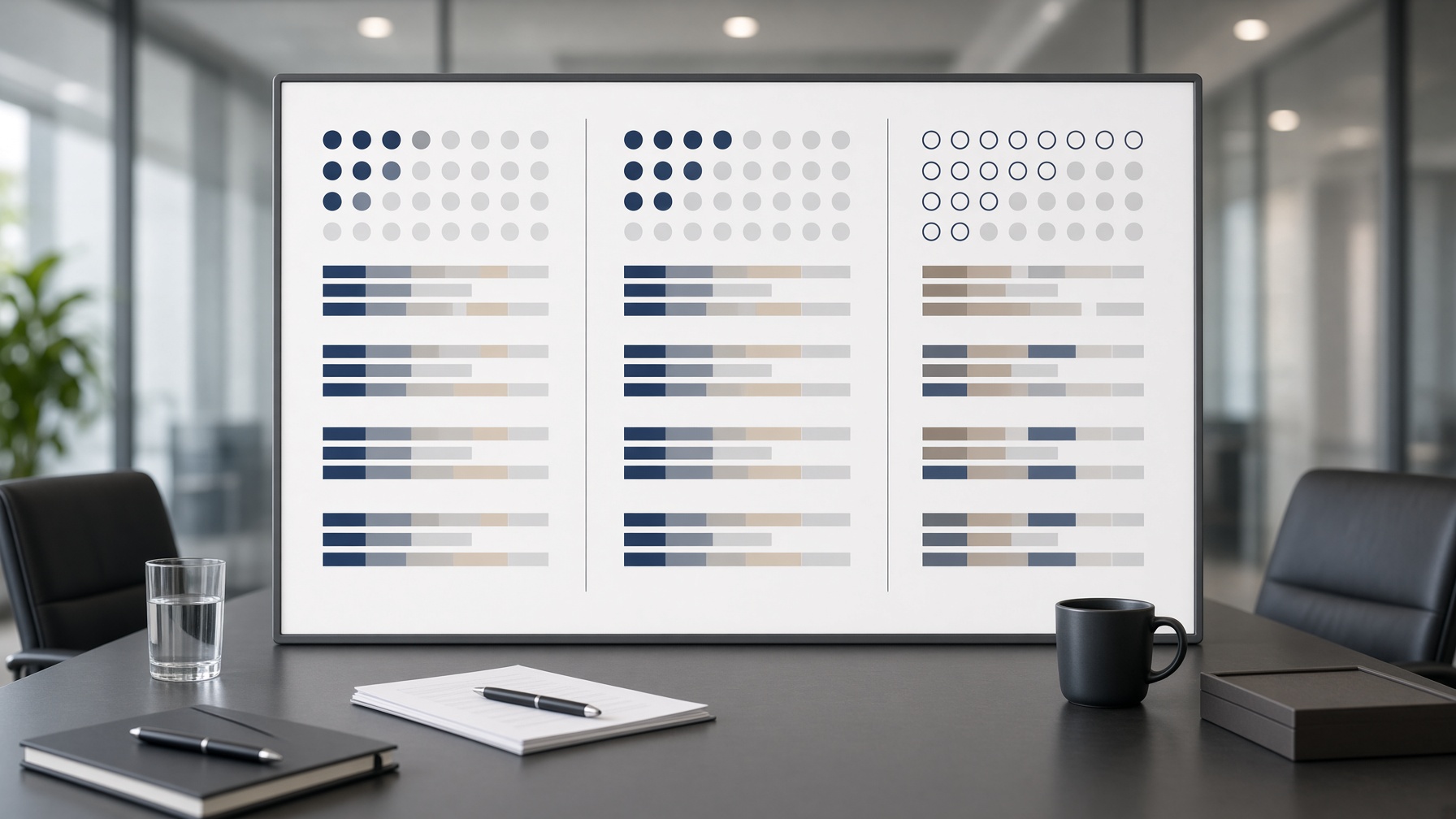Printed decision board on conference table comparing workflow and upgrade paths