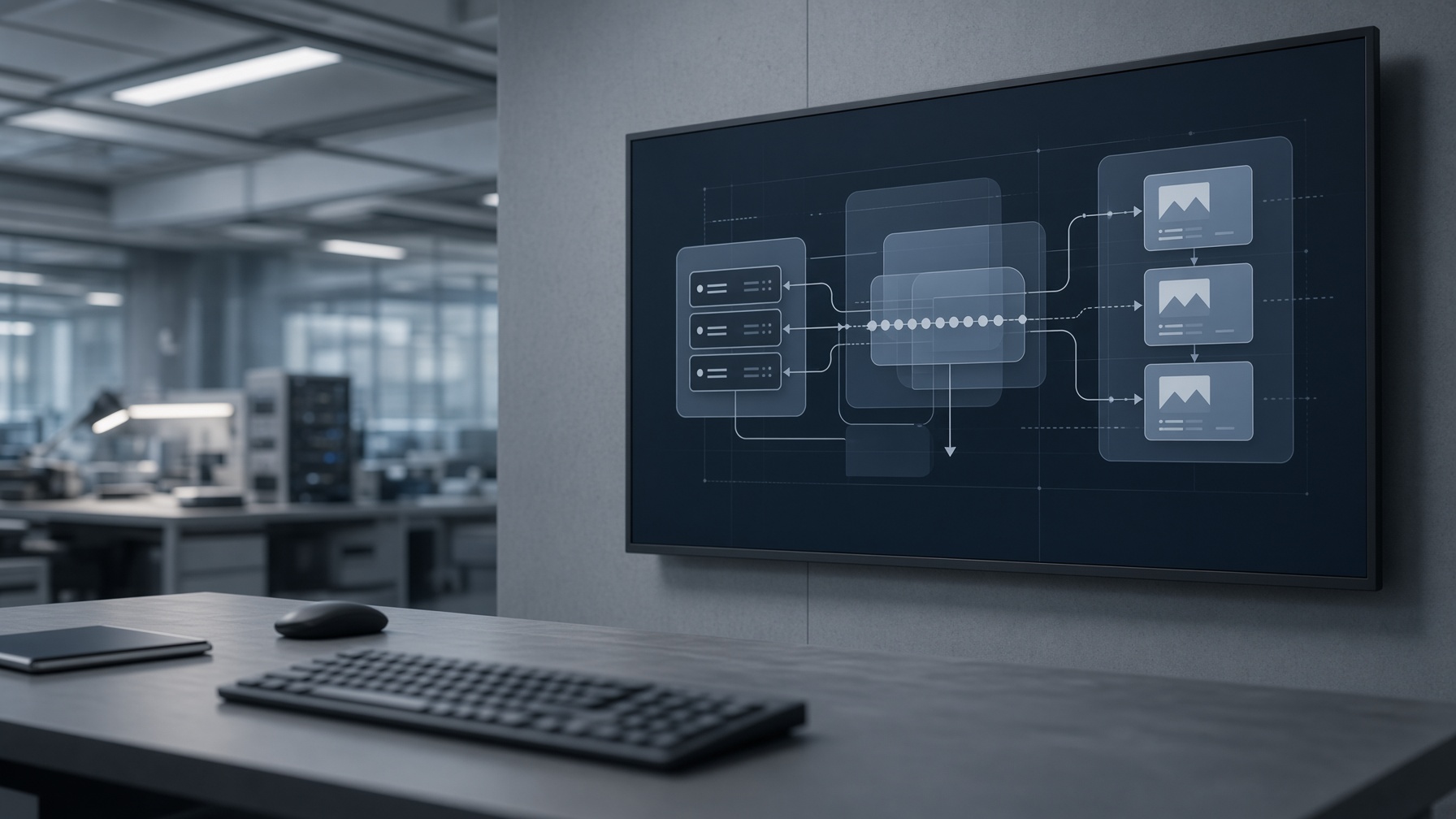 Engineering room display showing abstract high-volume video API pipeline for scaling checks