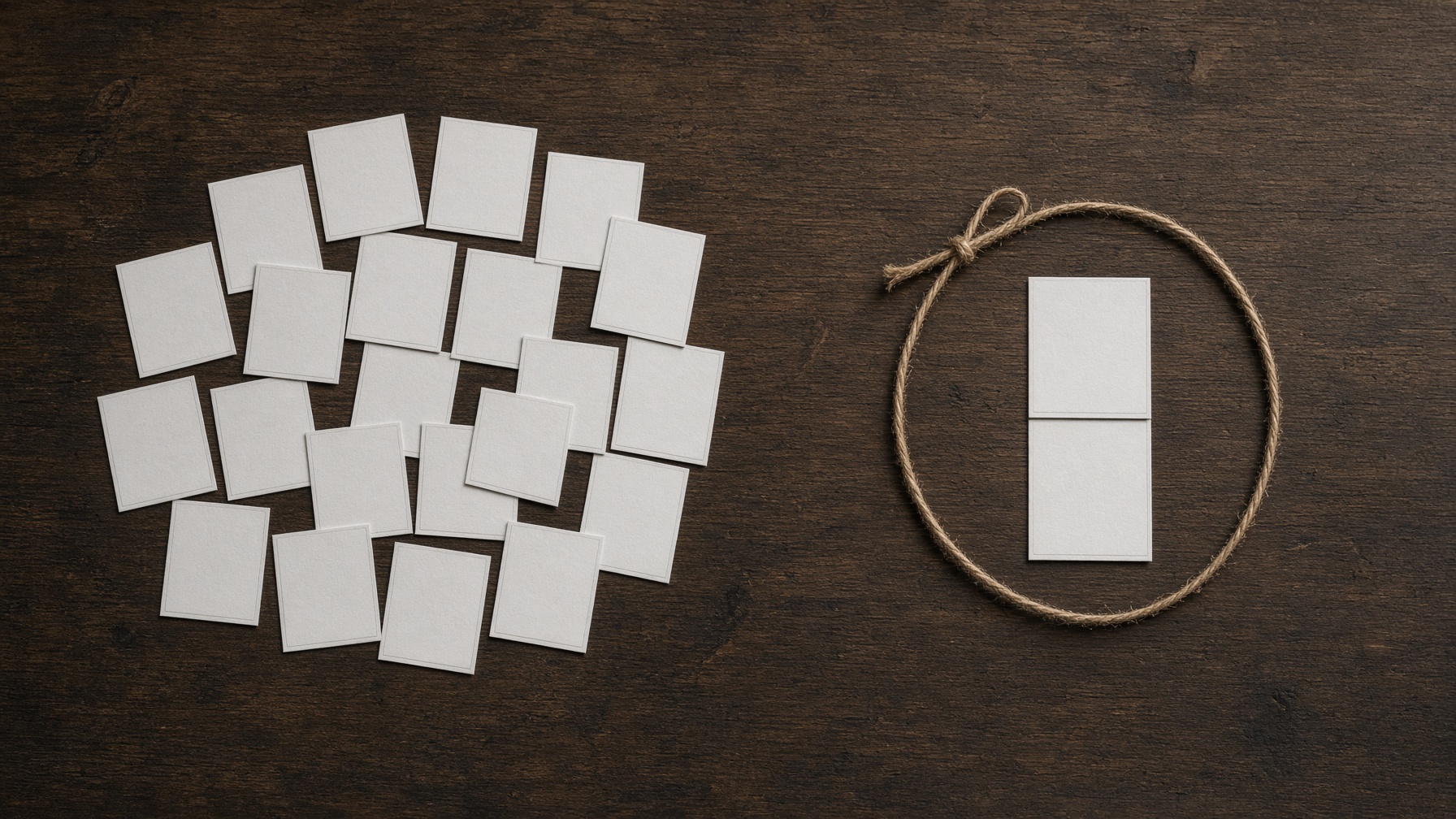 Storyboard cards on production table contrasting many drafts with two keepers