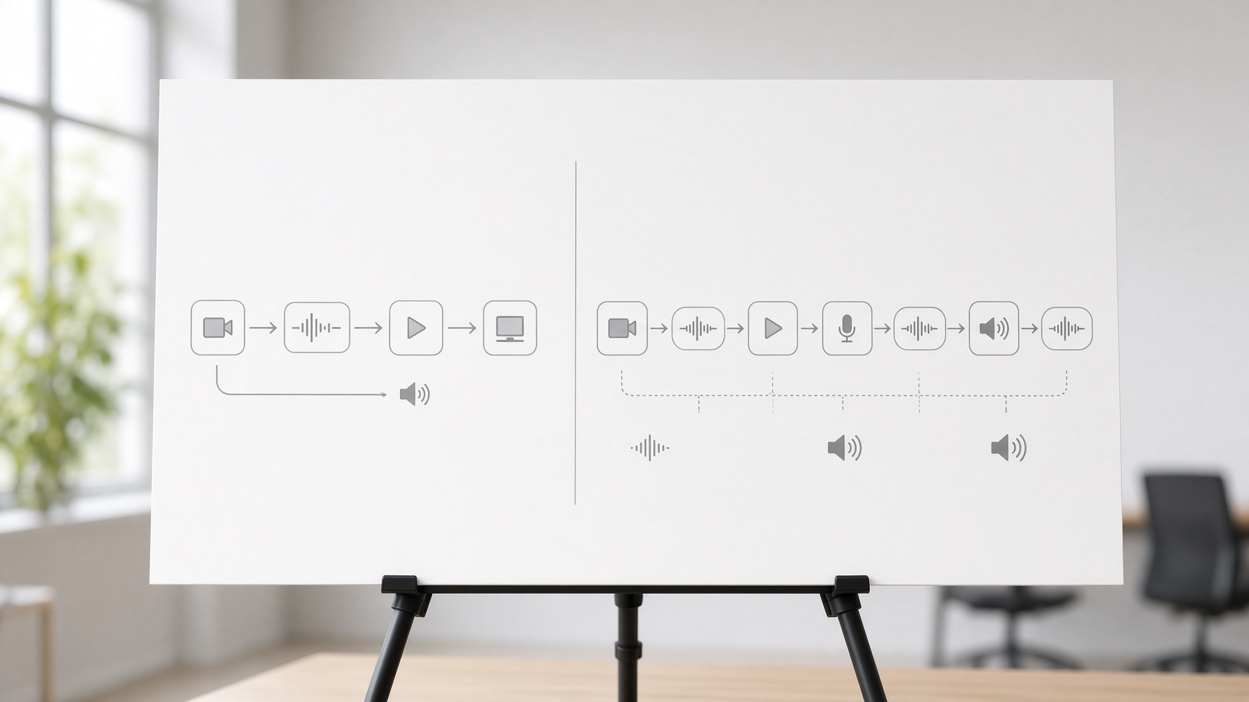 Presentation board comparing single-pass native audio workflow versus separate voice and repair steps