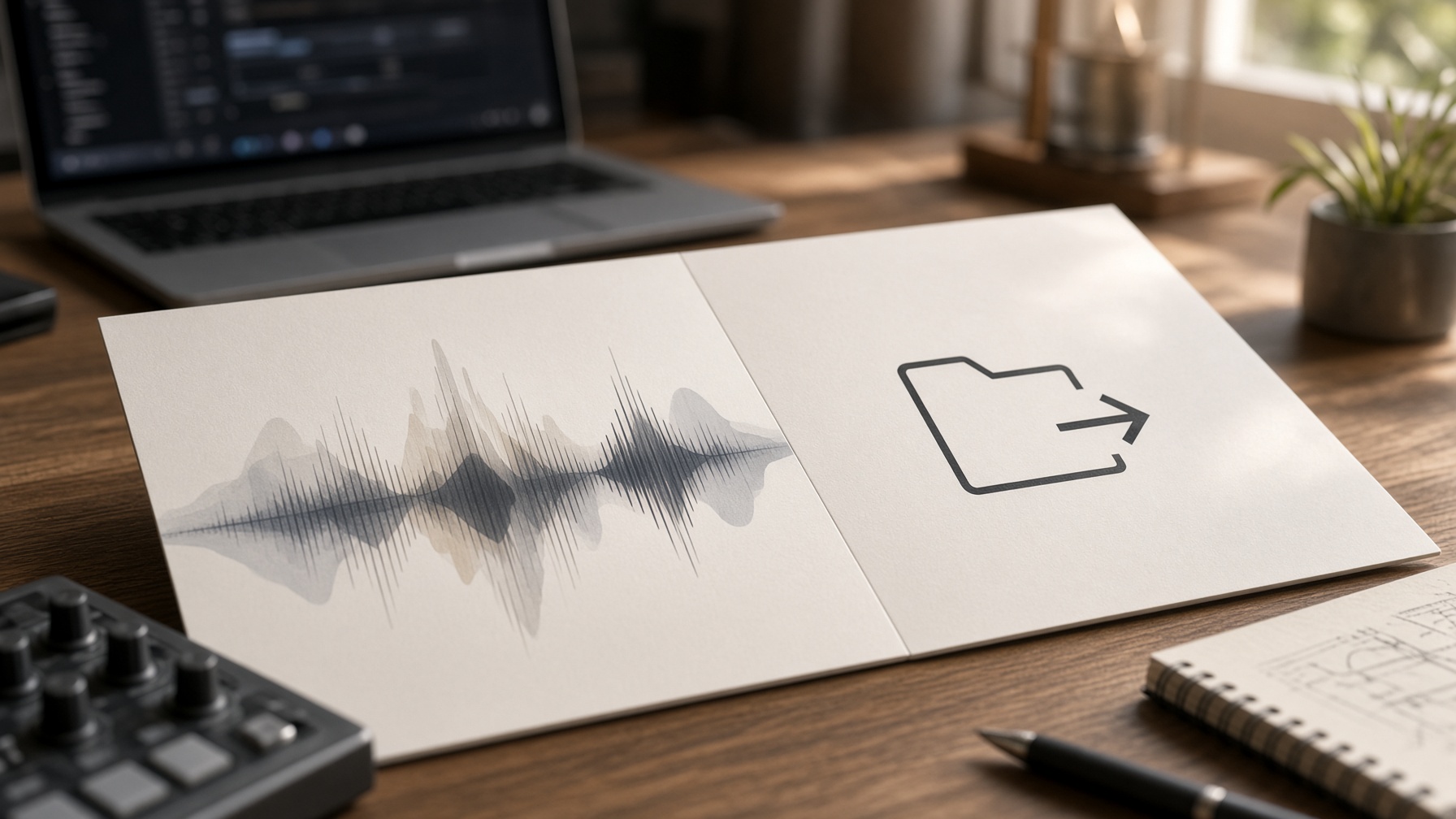 Printed board on a studio desk separating music creation from file export illustrating Suno download limits