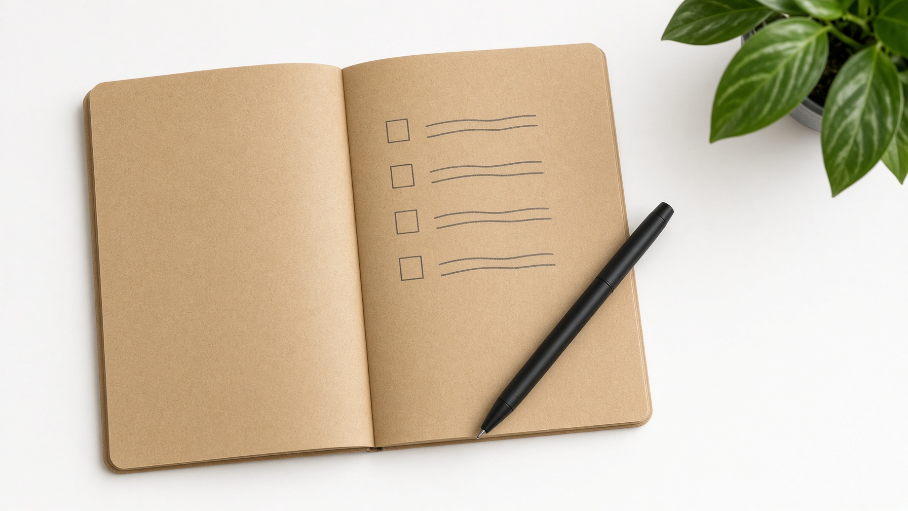 Open notebook with blank verification checklist and pen for pre-purchase checks